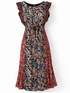 Floral Patchwork Midi Dress in Black and Burgundy